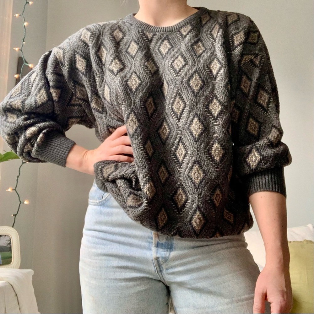 Vintage Van Heusen Argyle Grandpa Sweater, L, Oversized, Grey